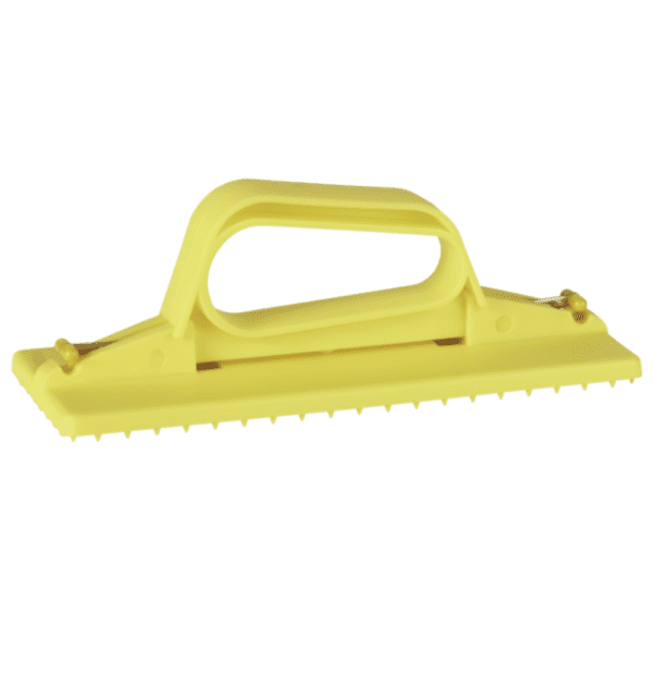 Yellow plastic sanding block with handle.